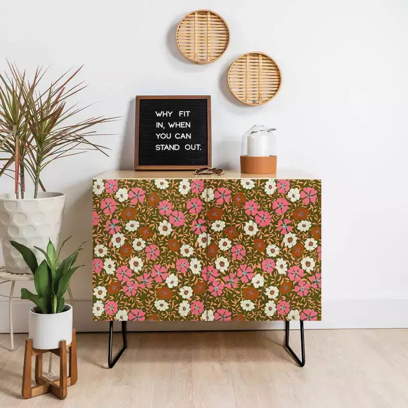 Floral Print 2-Door Credenza – Walnut Frame, Birch Surface, Adjustable Shelves