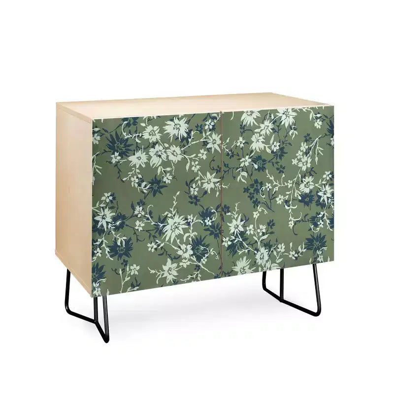 Botanical Print 2-Door Credenza – Walnut Frame, Birch Surface, Adjustable Shelves