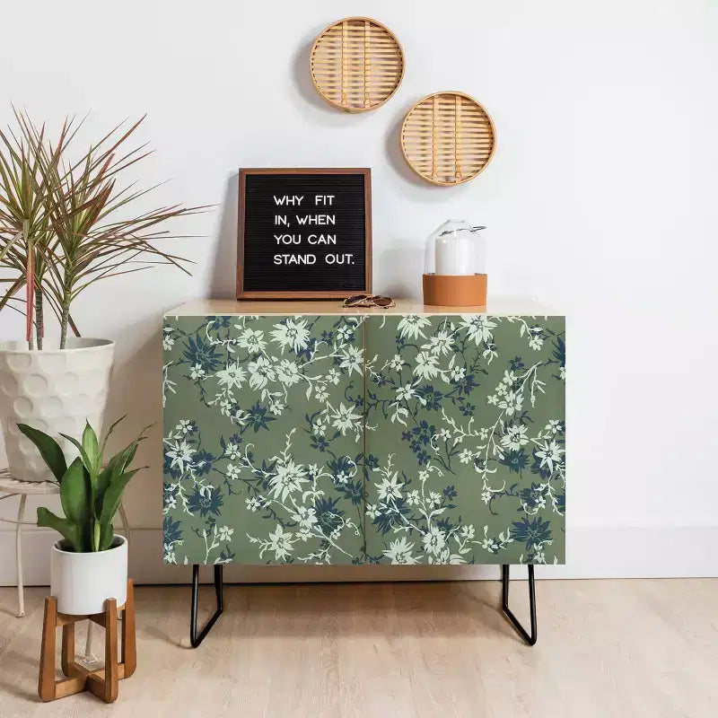 Botanical Print 2-Door Credenza – Walnut Frame, Birch Surface, Adjustable Shelves