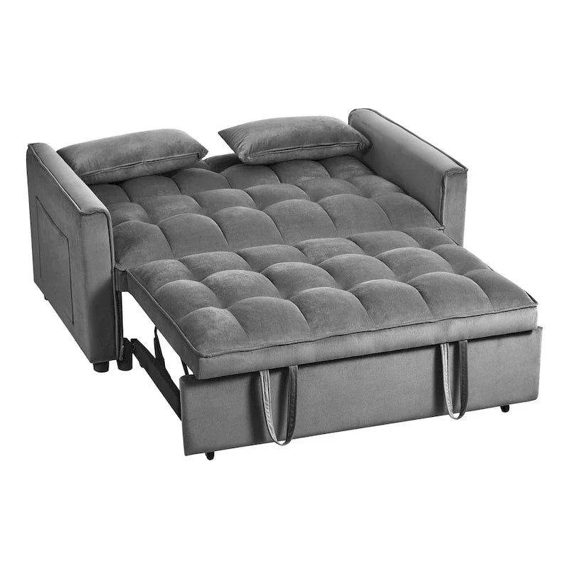 Divanetto Futon Moderno in Velluto con Schienale Reclinabile e Tasche, 2 Posti - Grigio Scuro / Grigio Chiaro / Blu / Nero