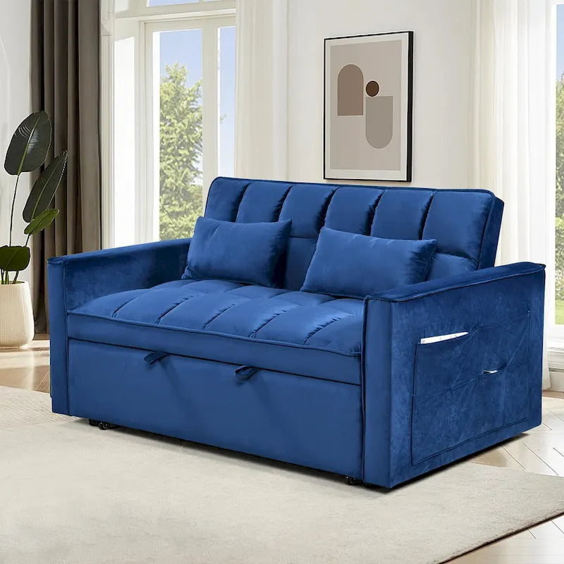 Divanetto Futon Moderno in Velluto con Schienale Reclinabile e Tasche, 2 Posti - Grigio Scuro / Grigio Chiaro / Blu / Nero