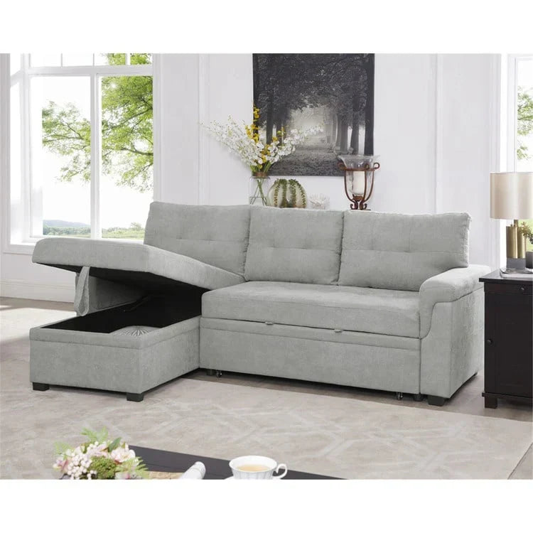 Divano componibile convertibile reversibile con letto estraibile, chaise longue con contenitore nascosto e gambe durevoli