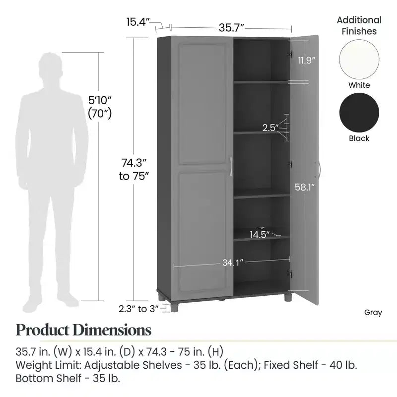 36" Wide Tall Utility Storage Cabinet – White, 5 Adjustable Shelves, Soft-Close Doors