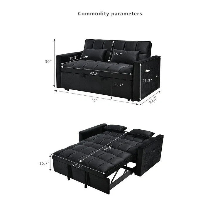 Divanetto Futon Moderno in Velluto con Schienale Reclinabile e Tasche, 2 Posti - Grigio Scuro / Grigio Chiaro / Blu / Nero
