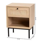 Mid-Century Modern 1-Drawer End Table – Light Brown & Black with Woven Rattan Shelf