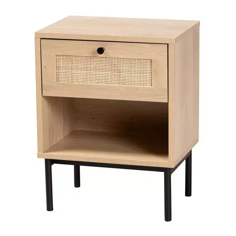 Mid-Century Modern 1-Drawer End Table – Light Brown & Black with Woven Rattan Shelf