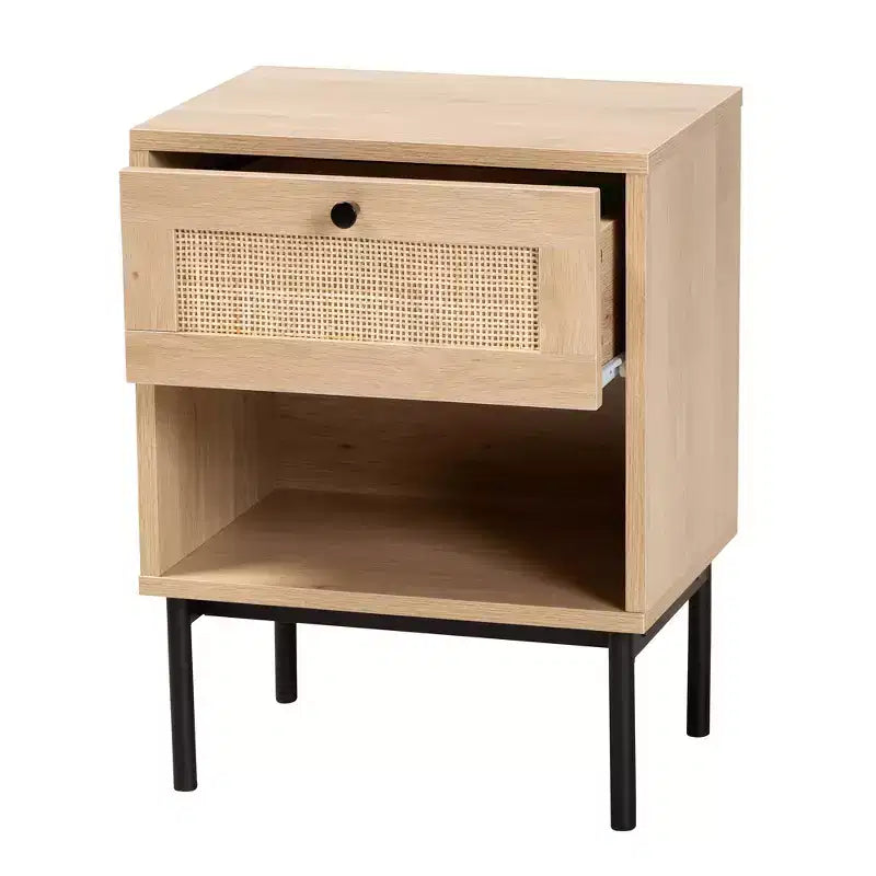 Mid-Century Modern 1-Drawer End Table – Light Brown & Black with Woven Rattan Shelf