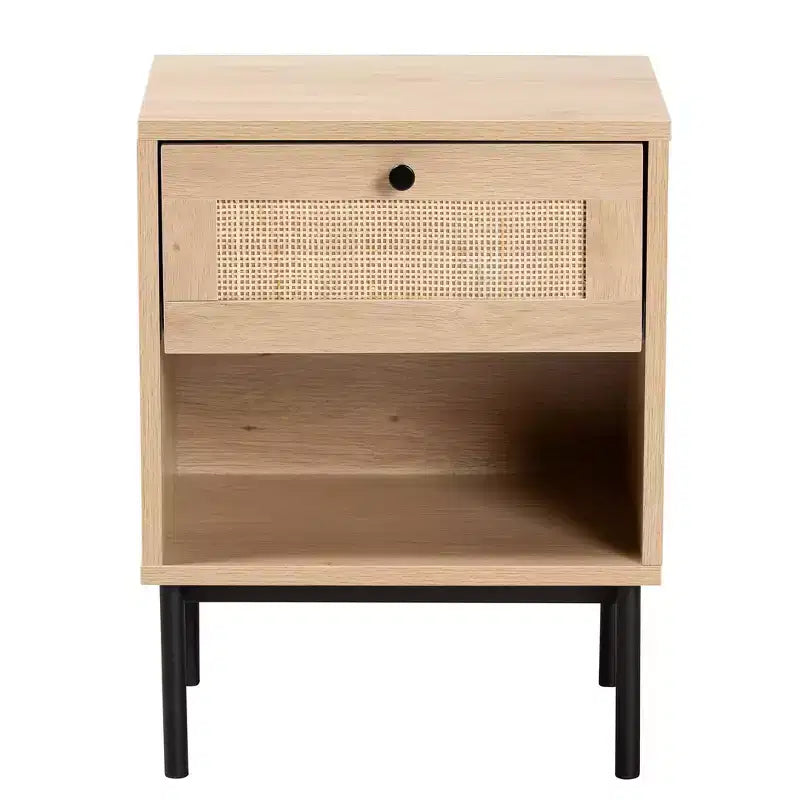 Mid-Century Modern 1-Drawer End Table – Light Brown & Black with Woven Rattan Shelf