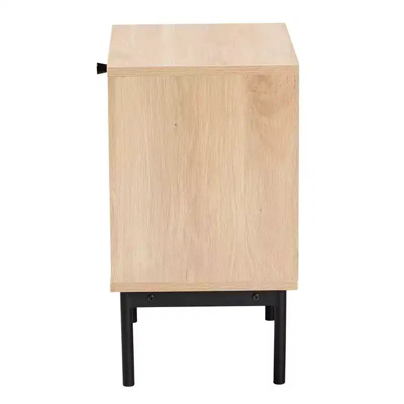 Mid-Century Modern 1-Drawer End Table – Light Brown & Black with Woven Rattan Shelf