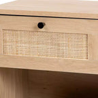 Mid-Century Modern 1-Drawer End Table – Light Brown & Black with Woven Rattan Shelf