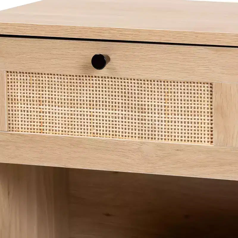 Mid-Century Modern 1-Drawer End Table – Light Brown & Black with Woven Rattan Shelf