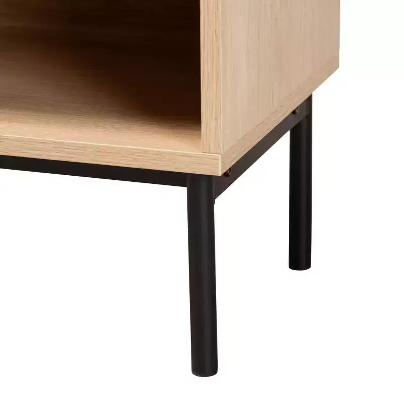 Mid-Century Modern 1-Drawer End Table – Light Brown & Black with Woven Rattan Shelf
