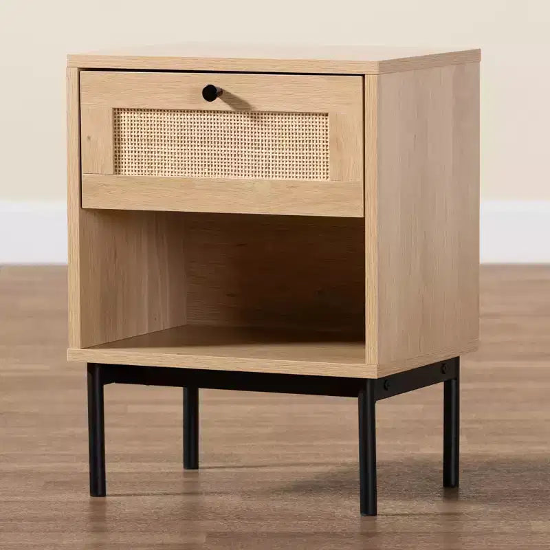 Mid-Century Modern 1-Drawer End Table – Light Brown & Black with Woven Rattan Shelf