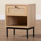 Mid-Century Modern 1-Drawer End Table – Light Brown & Black with Woven Rattan Shelf