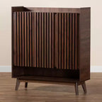 Mid-Century Modern Walnut Wood Shoe Cabinet – 8 Shelves, Slatted Doors