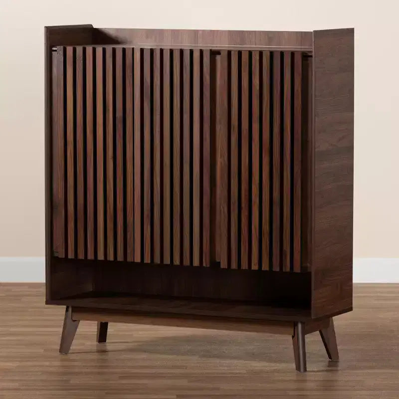 Mid-Century Modern Walnut Wood Shoe Cabinet – 8 Shelves, Slatted Doors