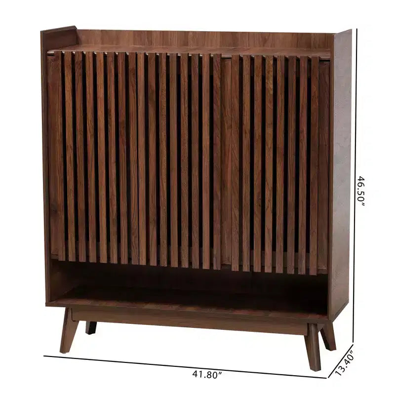 Mid-Century Modern Walnut Wood Shoe Cabinet – 8 Shelves, Slatted Doors