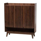 Mid-Century Modern Walnut Wood Shoe Cabinet – 8 Shelves, Slatted Doors