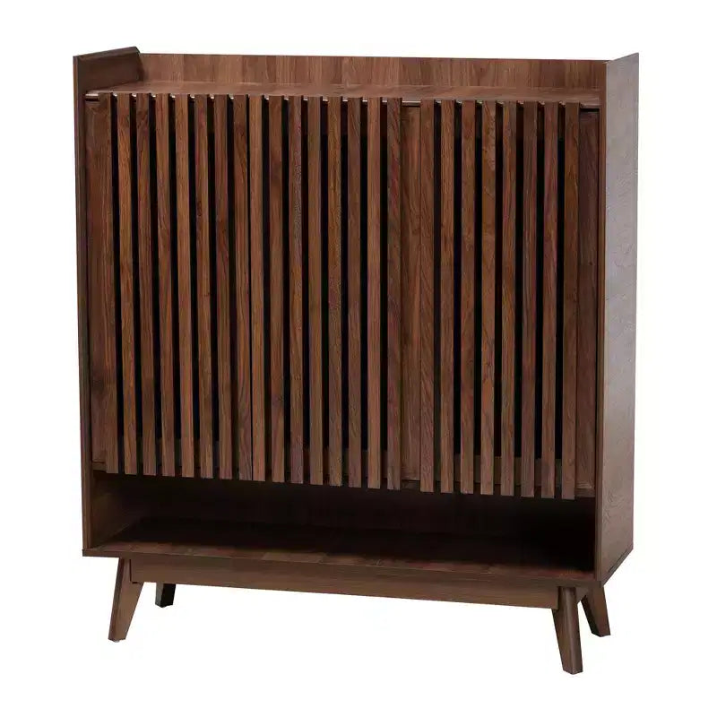 Mid-Century Modern Walnut Wood Shoe Cabinet – 8 Shelves, Slatted Doors