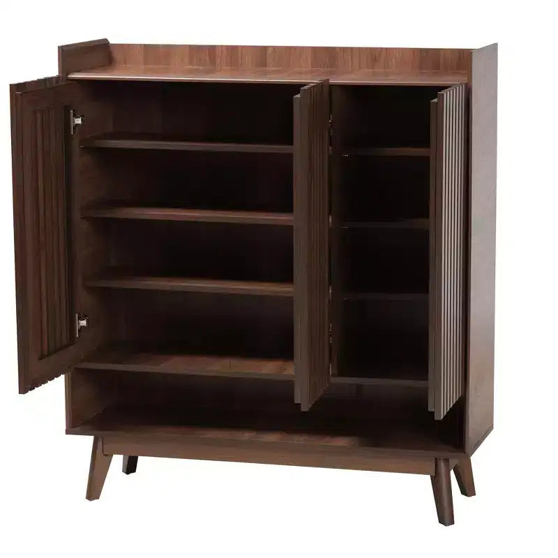 Mid-Century Modern Walnut Wood Shoe Cabinet – 8 Shelves, Slatted Doors