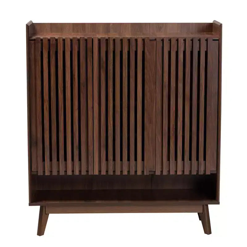 Mid-Century Modern Walnut Wood Shoe Cabinet – 8 Shelves, Slatted Doors