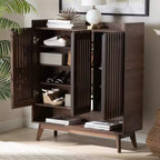 Mid-Century Modern Walnut Wood Shoe Cabinet – 8 Shelves, Slatted Doors