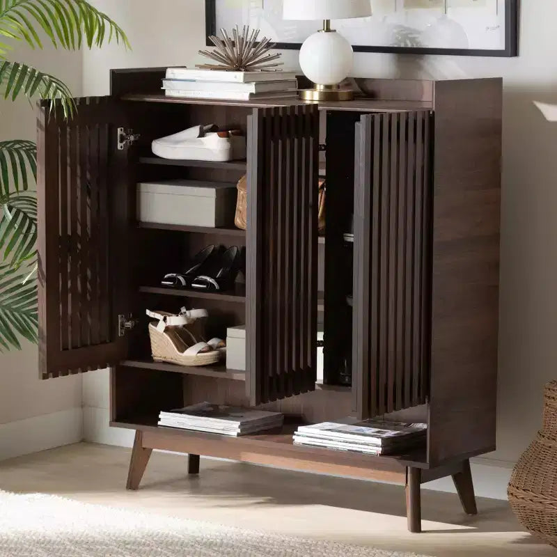 Mid-Century Modern Walnut Wood Shoe Cabinet – 8 Shelves, Slatted Doors