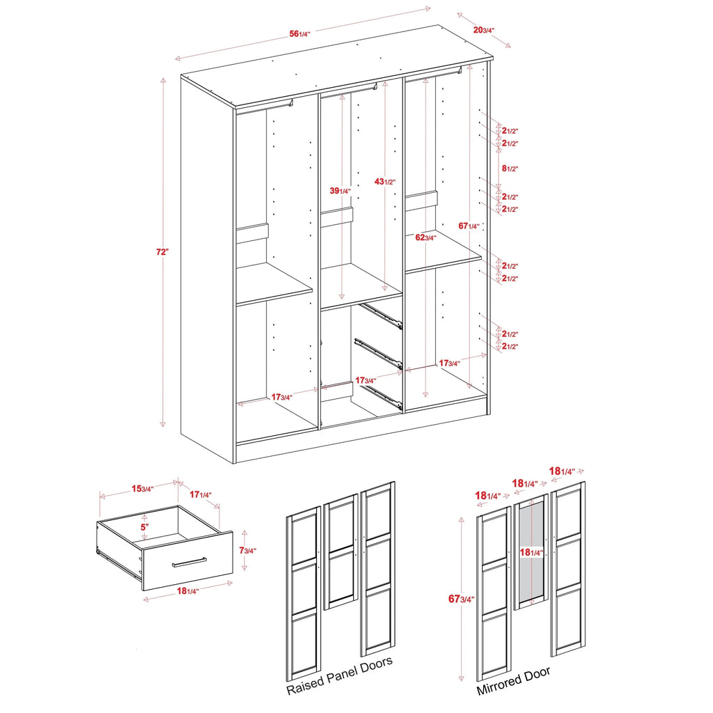 Palace Imports Armadio a 3 ante Cosmo 100% legno massello con ante in legno massello o a specchio