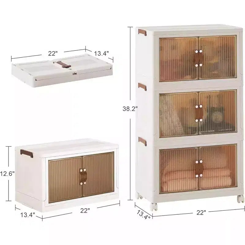 Foldable Stackable Storage Bins with Lockable Wheels – White Plastic Organizer