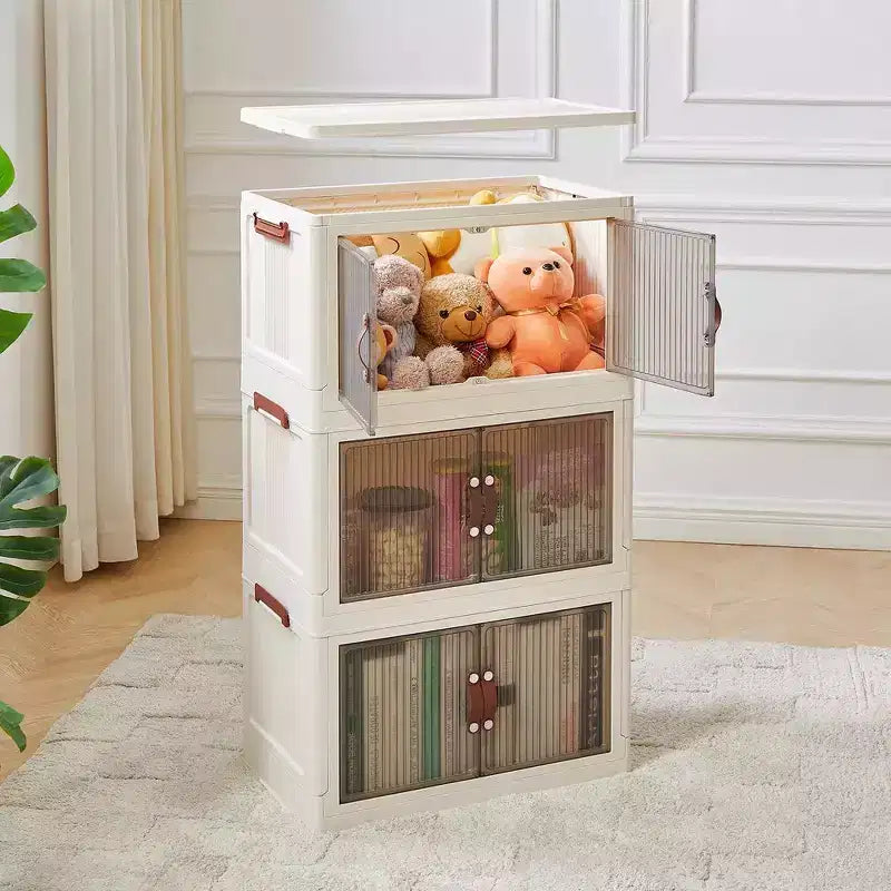 Foldable Stackable Storage Bins with Lockable Wheels – White Plastic Organizer