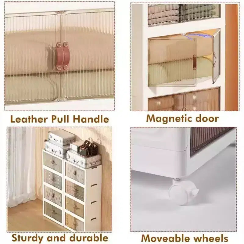 Foldable Stackable Storage Bins with Lockable Wheels – White Plastic Organizer