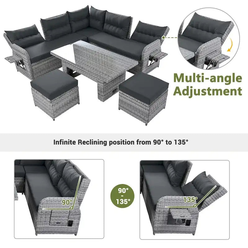 Set da esterni in rattan con tavolo regolabile, poltrone reclinabili e 2 pouf