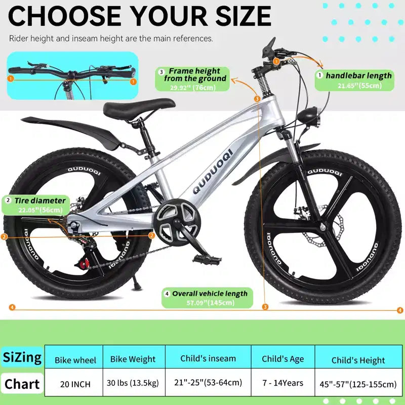 NAYSAYE Bicicletta da montagna per bambini da 20 pollici con trasmissione a 7 velocità e telaio in lega di magnesio per ragazzi e ragazze di età 8-12 anni, 57.09*21.65*29.92