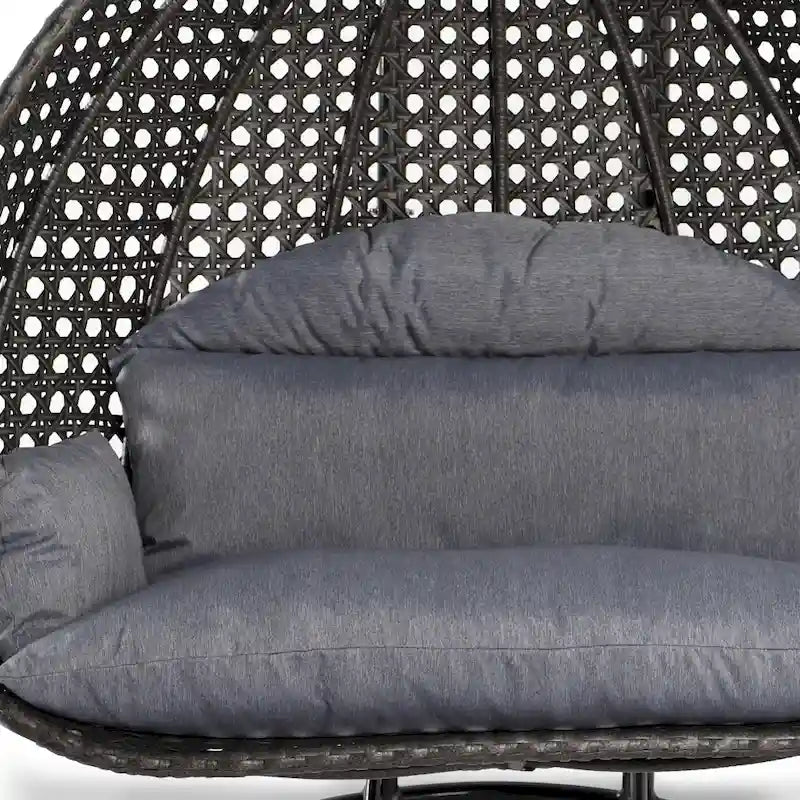 Sedia sospesa a dondolo a forma di uovo con supporto in metallo, telaio in vimini e cuscino – Beige / Blu antracite / Bianco / Blu / Bianco antico / Marrone / Tela, 2 posti