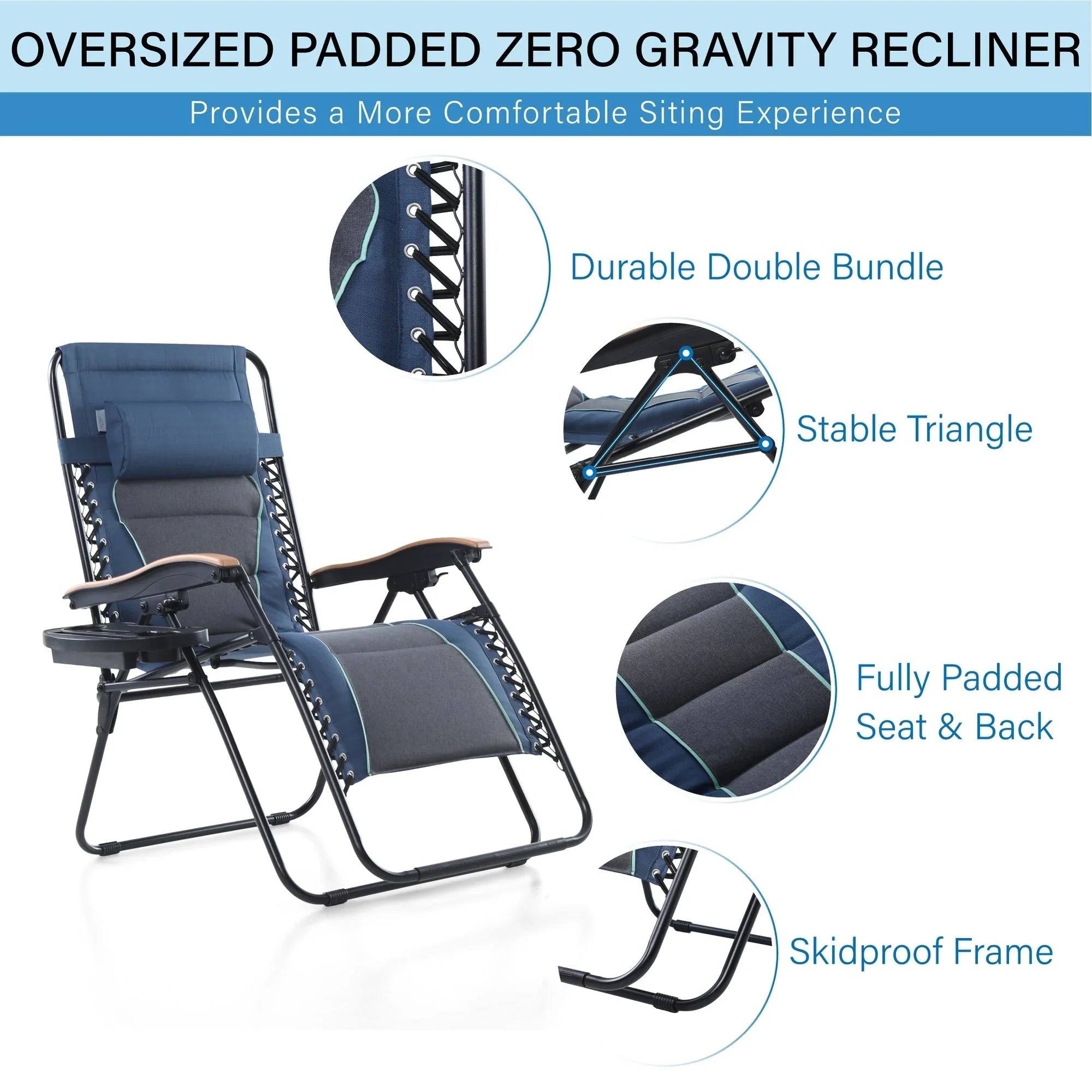 Sedia a sdraio oversize XL imbottita con gravità zero, bracciolo più largo, reclinabile regolabile con portabicchieri - N/D