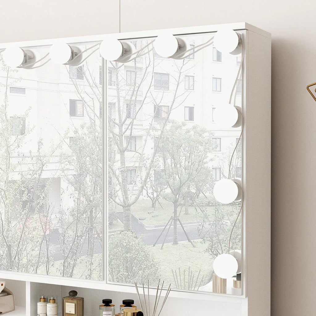 Comò per trucco con specchio a tre ante, illuminazione certificata e piano in vetro