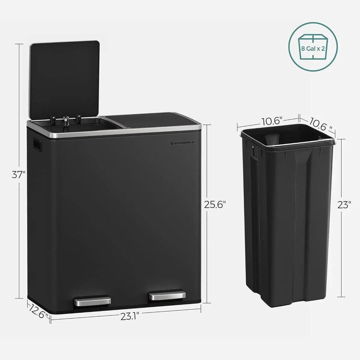 SONGMICS Pattumiera Doppia, 60L (2 x 30L) Cestino per la Raccolta Differenziata in Acciaio Inossidabile, Nero