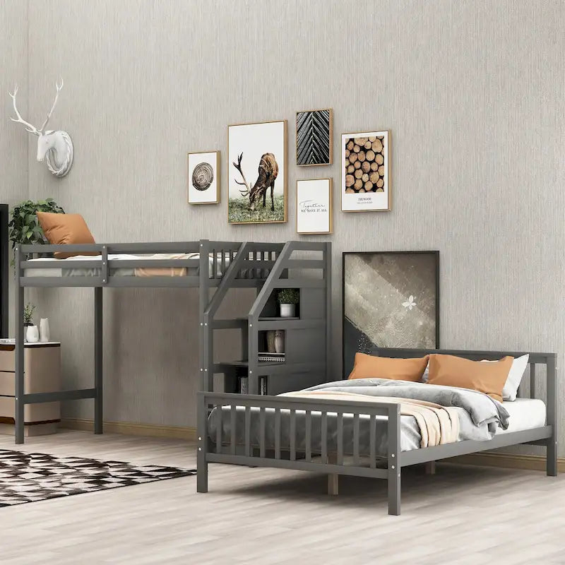 Letto a soppalco in legno per due persone con scale, sponde alte e scaletta