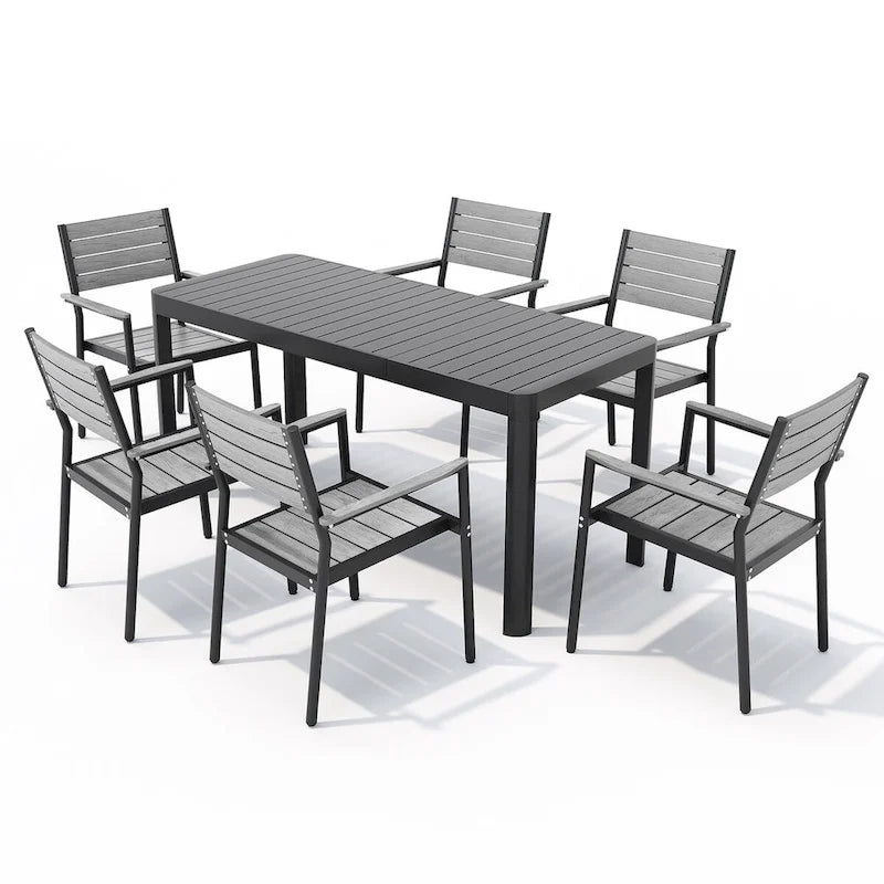 Set da Pranzo da Esterno a 5/7 Pezzi per Patio con Sedie Impilabili in Alluminio e Tavolo Allungabile