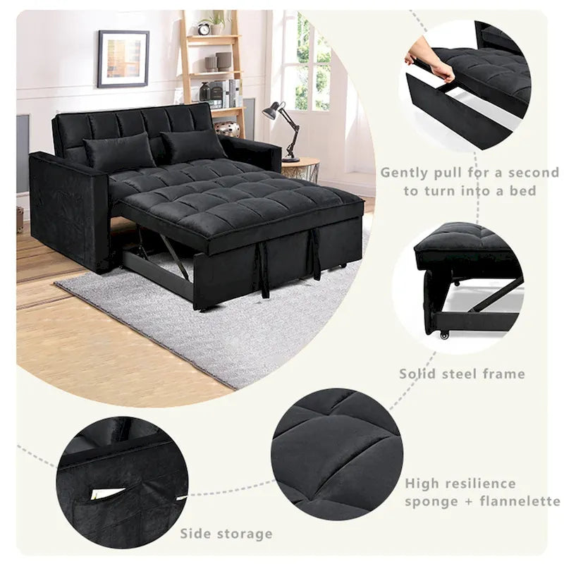 Divanetto Futon Moderno in Velluto con Schienale Reclinabile e Tasche, 2 Posti - Grigio Scuro / Grigio Chiaro / Blu / Nero
