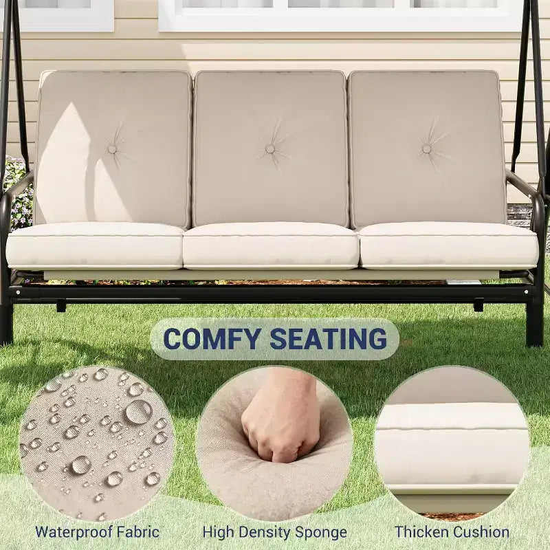 Dondolo da Esterno 2 in 1 Convertibile a 3 Posti con Tettuccio Regolabile, Letto a Dondolo da Patio con Struttura, Cuscini Spessi e Portabicchieri, per Cortile, Giardino, Portico