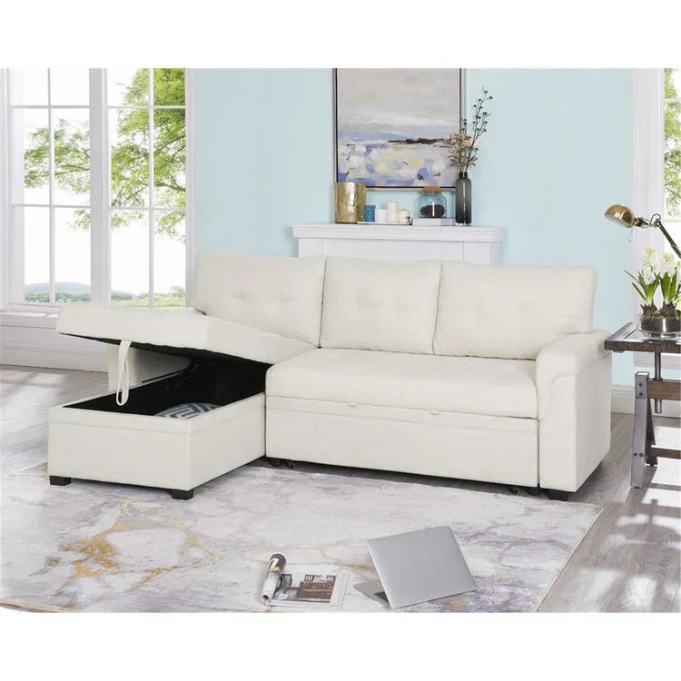 Divano componibile convertibile reversibile con letto estraibile, chaise longue con contenitore nascosto e gambe durevoli