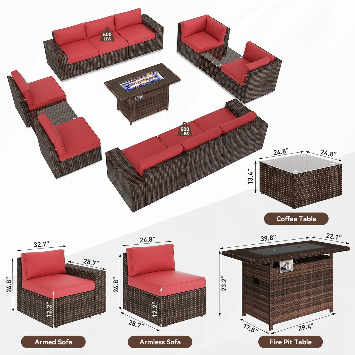 Set di mobili da giardino da 13 pezzi con tavolo braciere da 44 pollici