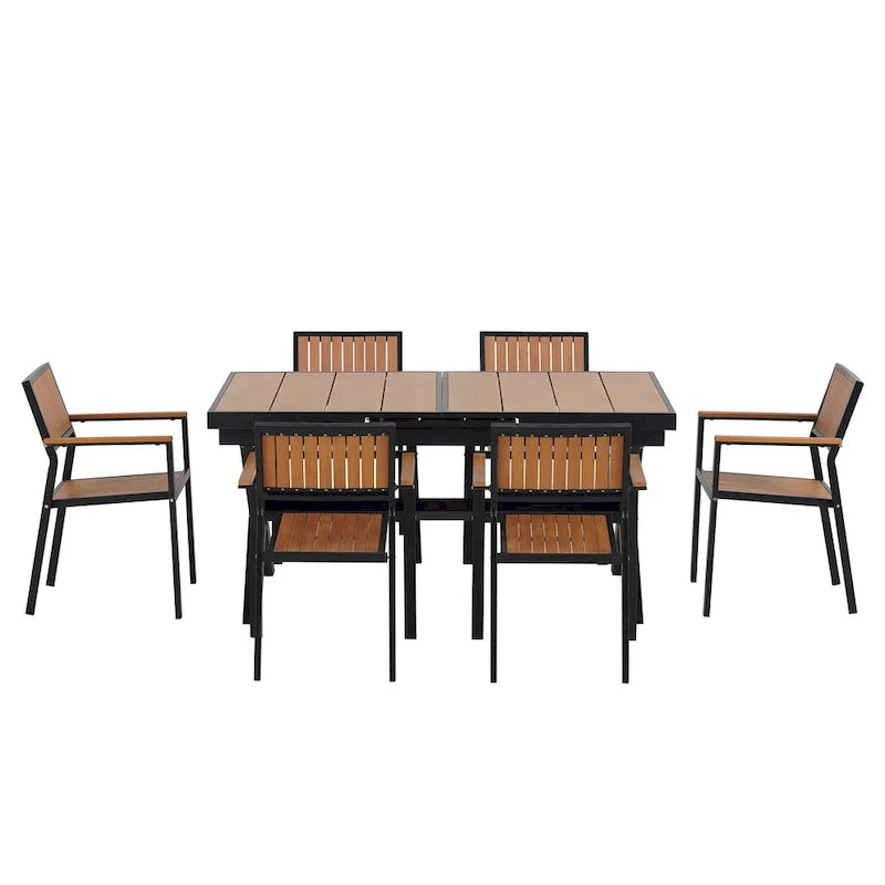 Set da pranzo da esterno allungabile a 7 pezzi con tavolo allungabile e 6 sedie con braccioli