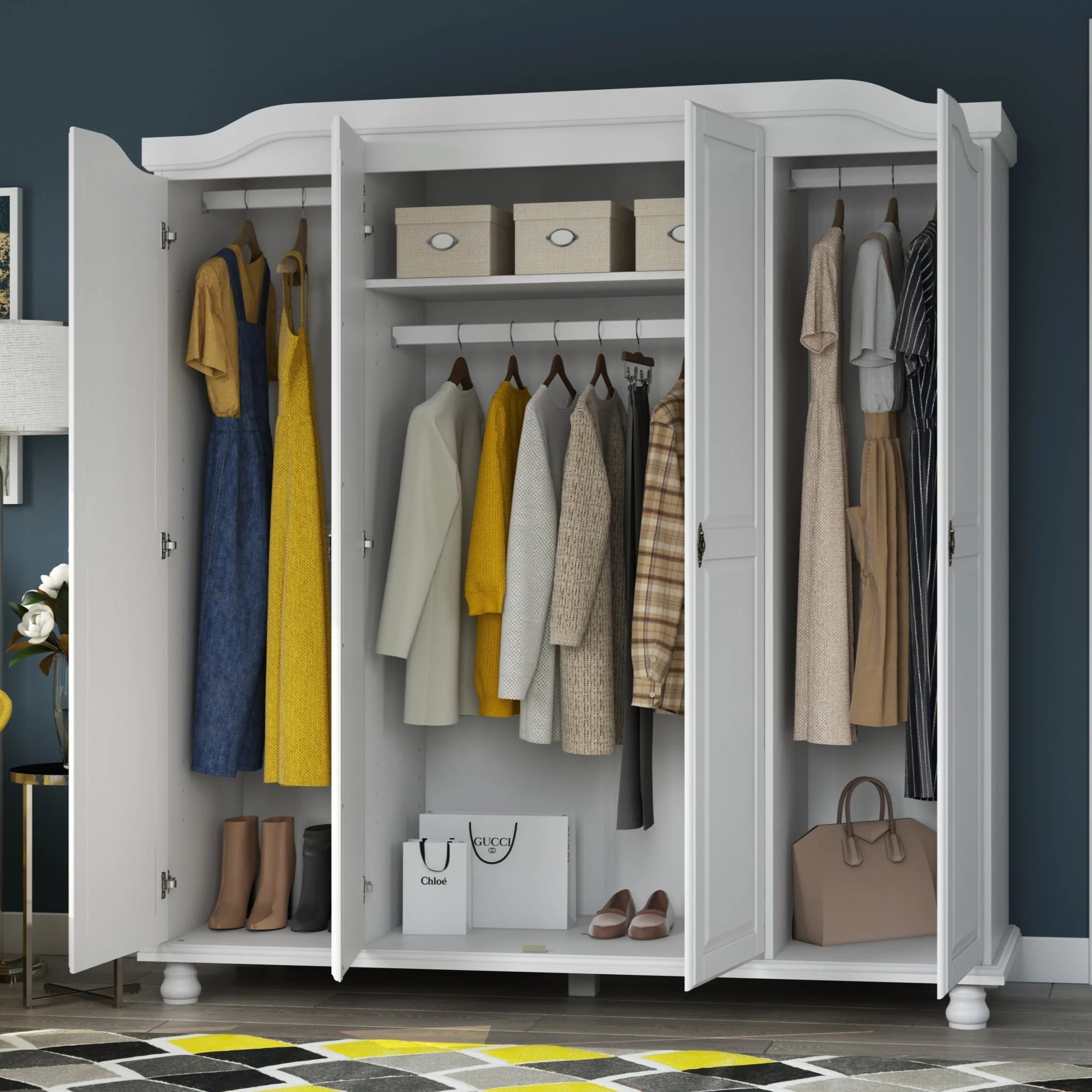 Palace Imports Armadio Kyle a 4 Ante in 100% Legno Massello con Ante in Legno Massello o a Specchio