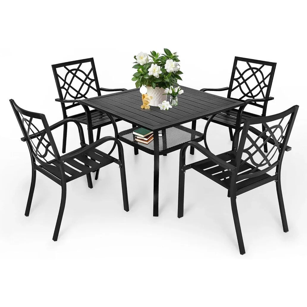 Set da pranzo SUNCROWN per esterni da 5/7 pezzi in acciaio, tavolo con doghe in metallo e sedie impilabili con telaio verniciato a polvere