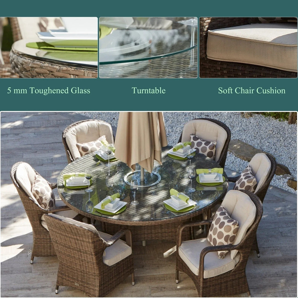 Set da pranzo rotondo da esterno in 7 pezzi in vimini di rattan con cuscini di Moda Furnishings
