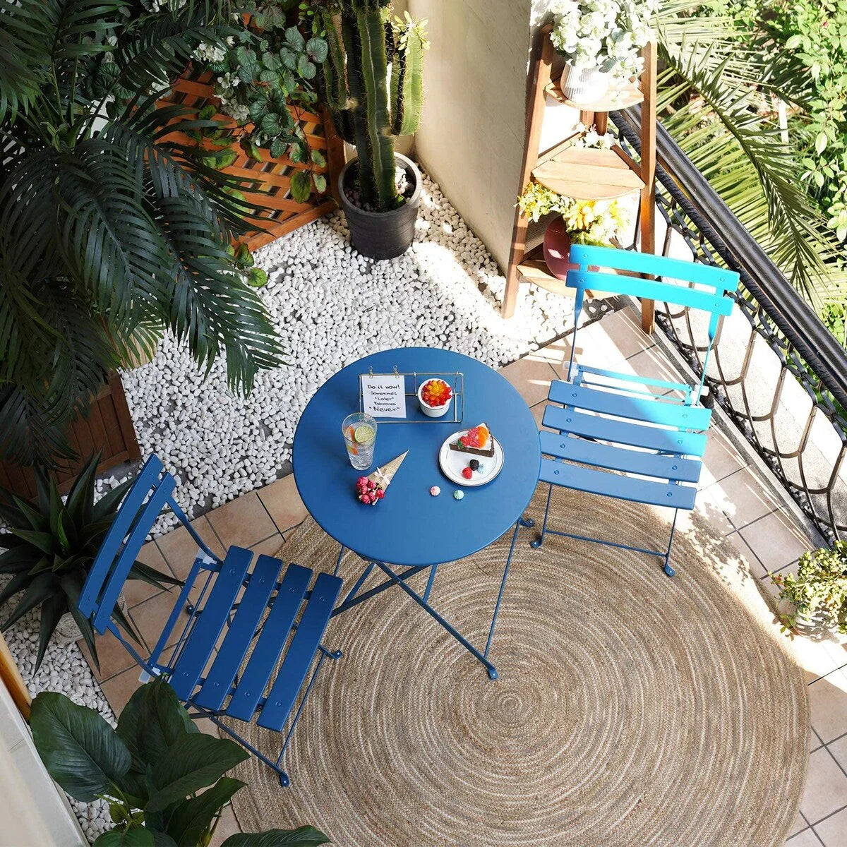 Set bistro pieghevole in metallo da 3 pezzi, set conversazione resistente alle intemperie per esterni/interni, per patio, cortile, giardino