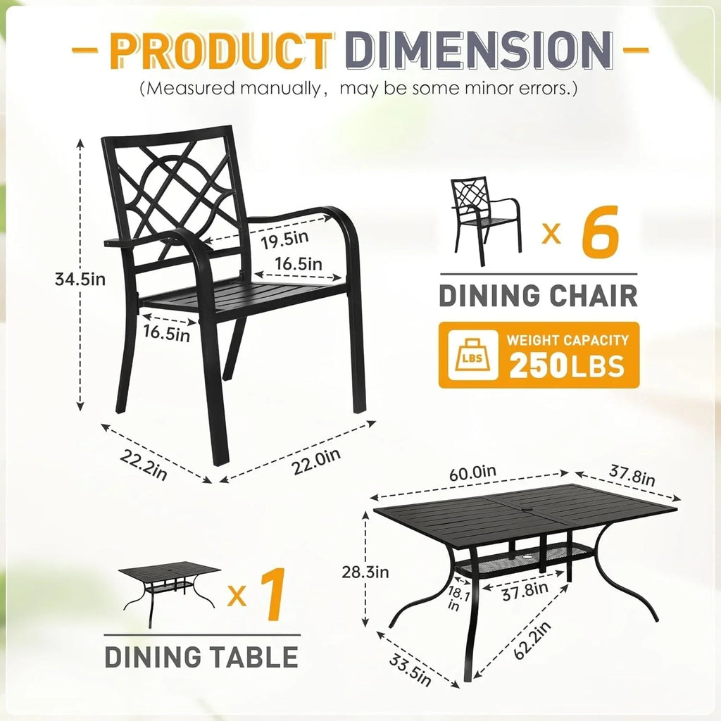 Set da pranzo SUNCROWN per esterni da 5/7 pezzi in acciaio, tavolo con doghe in metallo e sedie impilabili con telaio verniciato a polvere