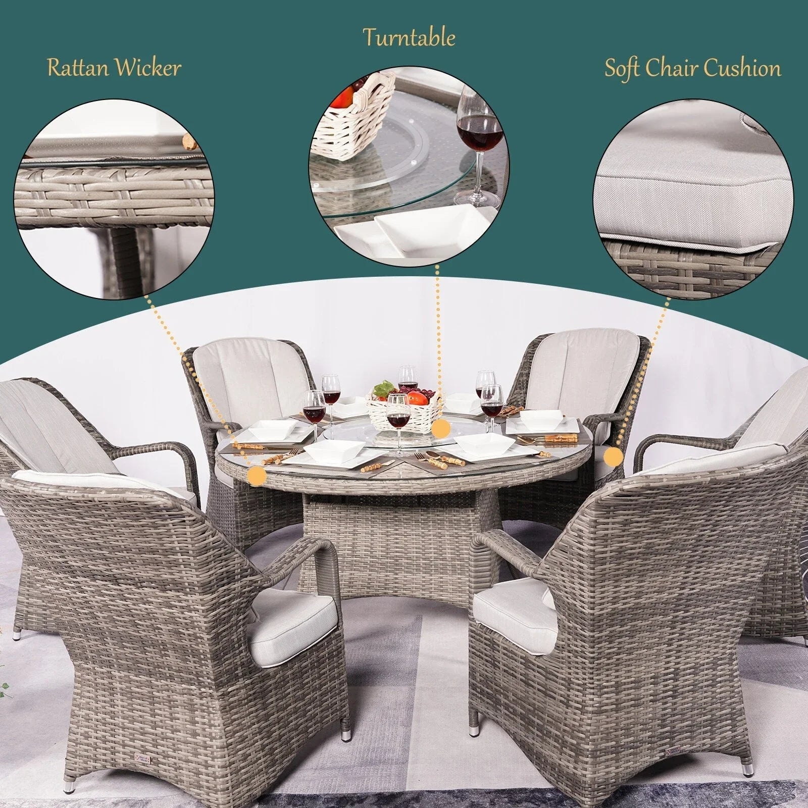Set da pranzo rotondo da esterno in 7 pezzi in vimini di rattan con cuscini di Moda Furnishings